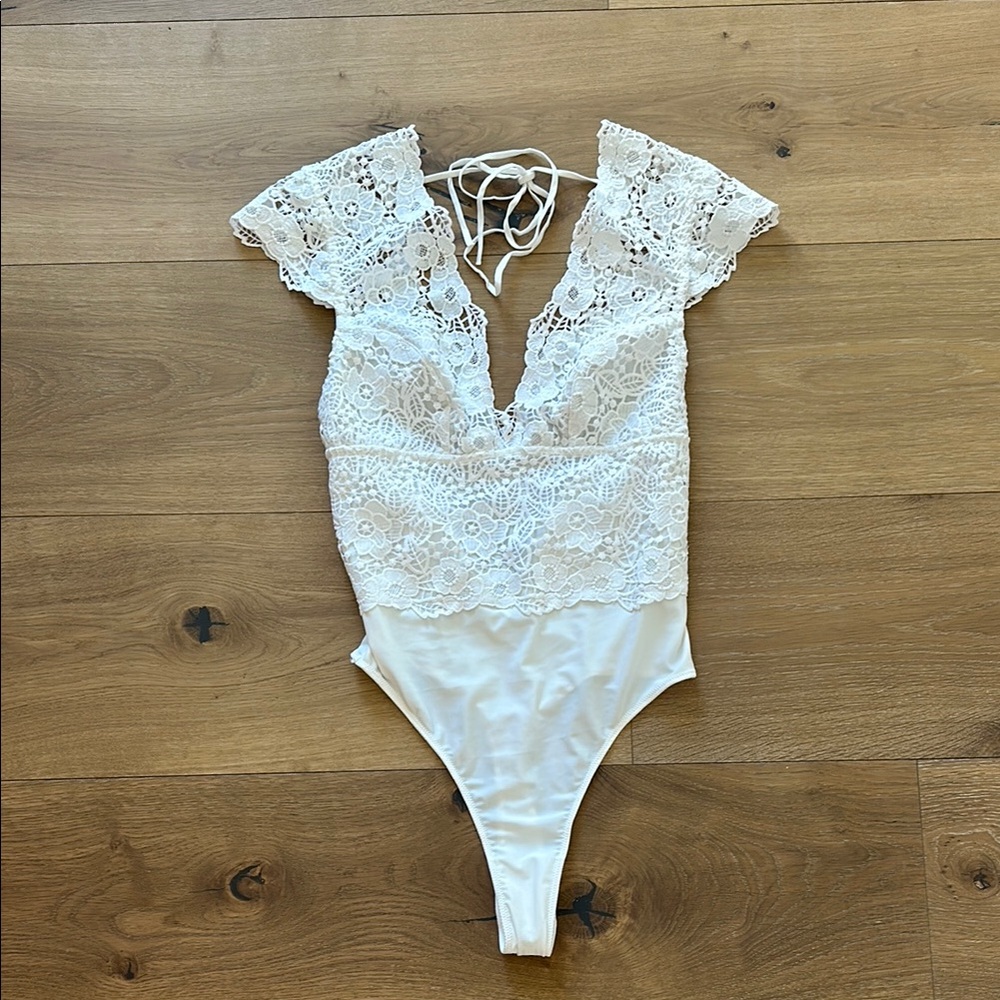 Anthropologie White Lace Bodysuit with Plunging Neckline
